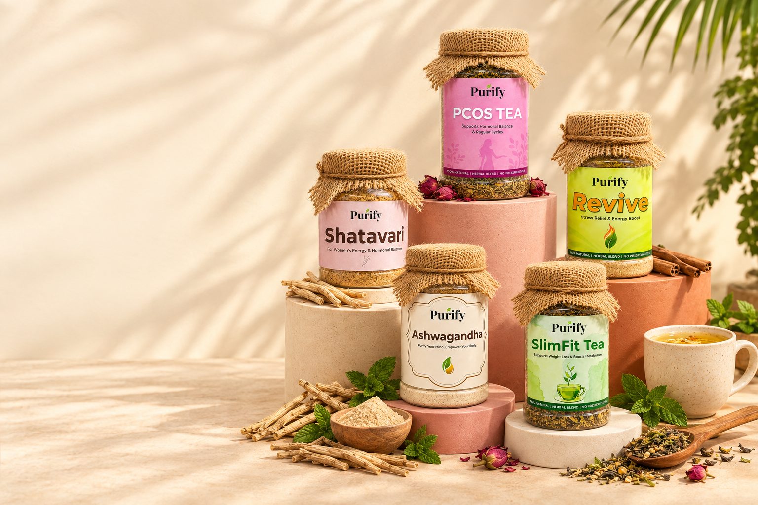 Purify PCOS Tea, SlimFit Tea, Ashwagandha, Shatavari and Revive jars
